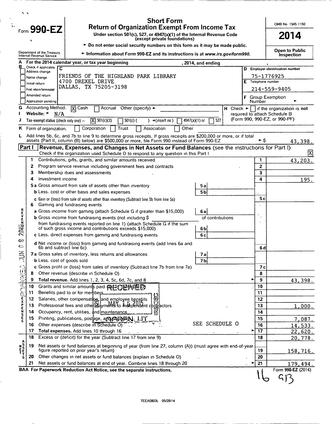 Image of first page of 2014 Form 990EZ for Friends of the Highland Park Library