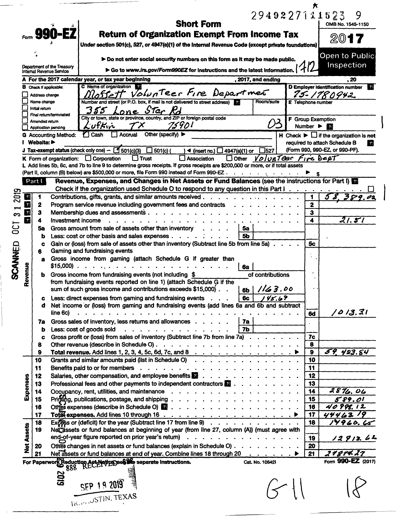 Image of first page of 2017 Form 990EZ for Moffett Volunteer Fire Department