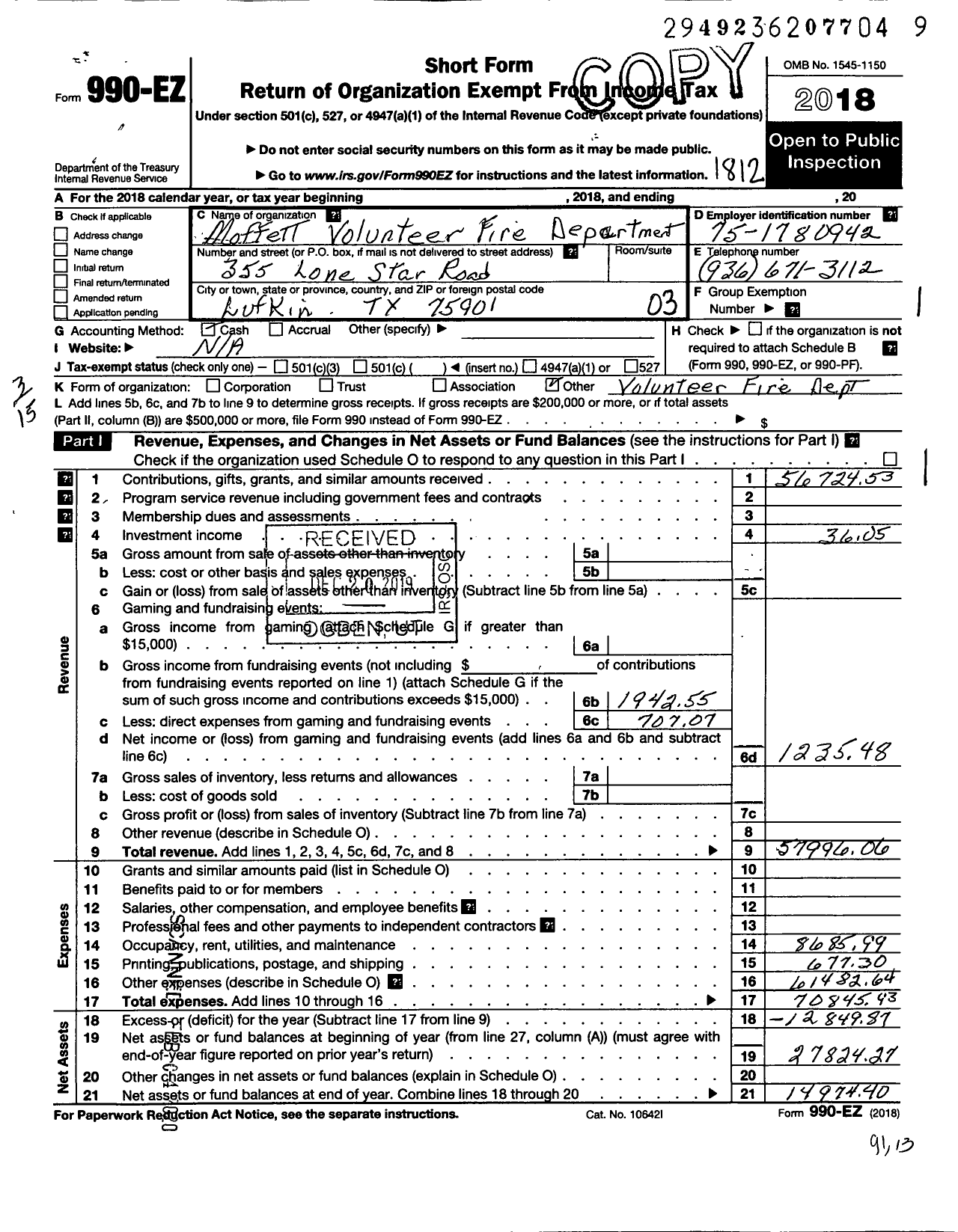 Image of first page of 2018 Form 990EZ for Moffett Volunteer Fire Department