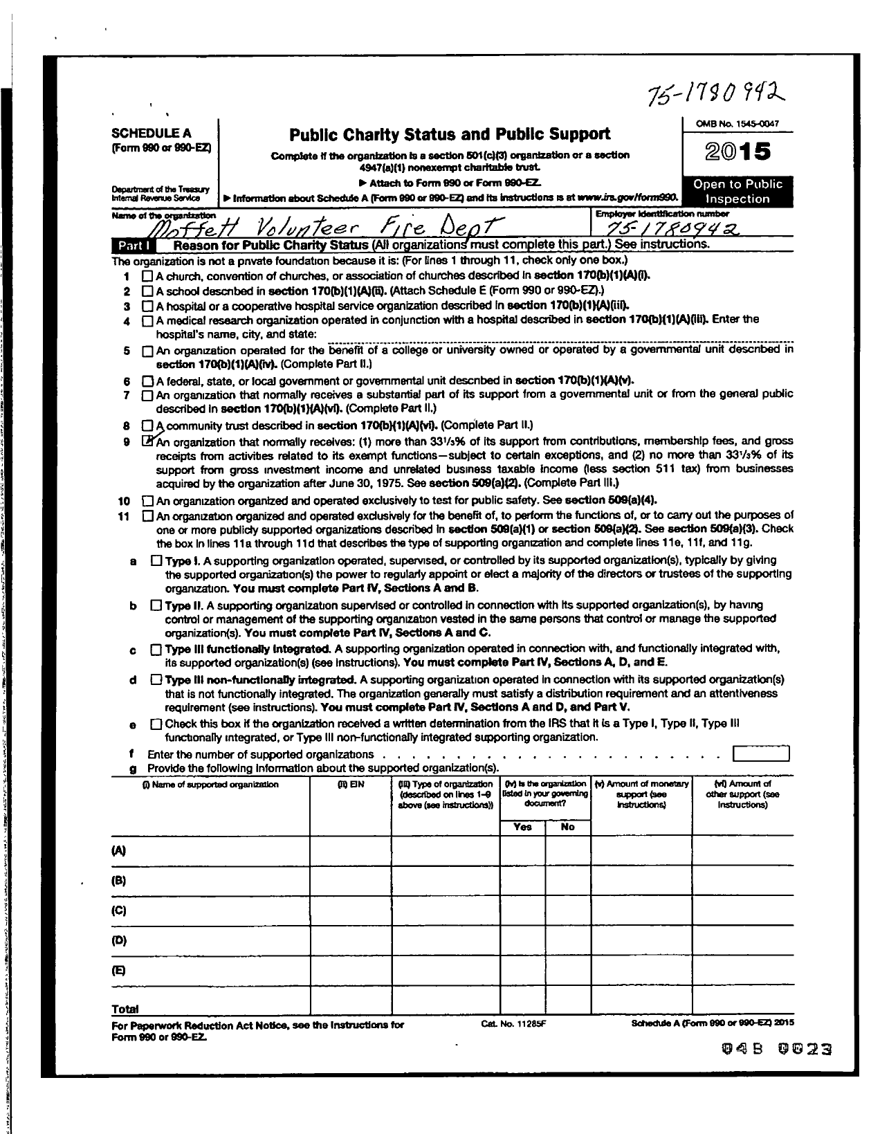 Image of first page of 2015 Form 990ER for Moffett Volunteer Fire Department