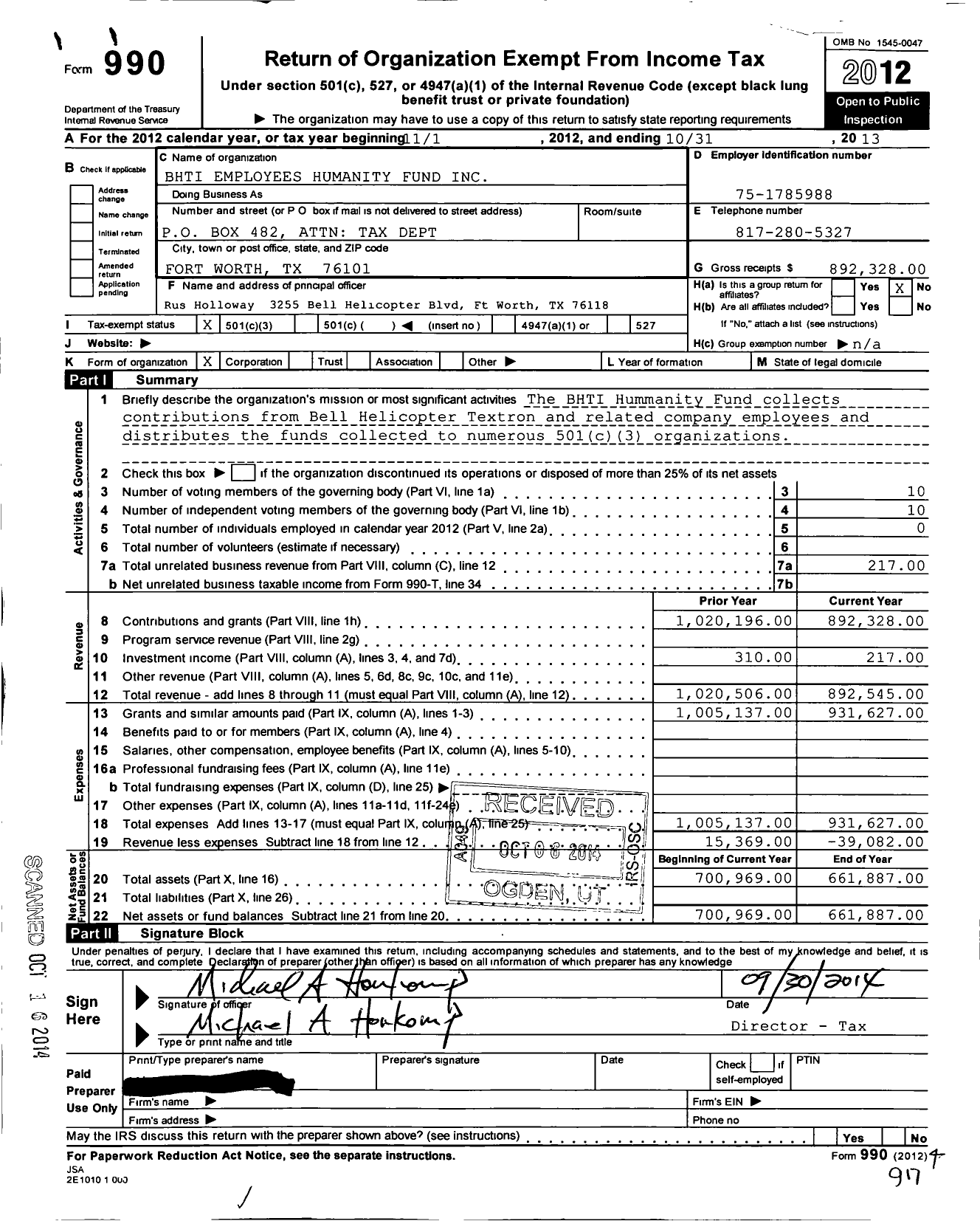 Image of first page of 2012 Form 990 for Bhti Employees Humanity Fund