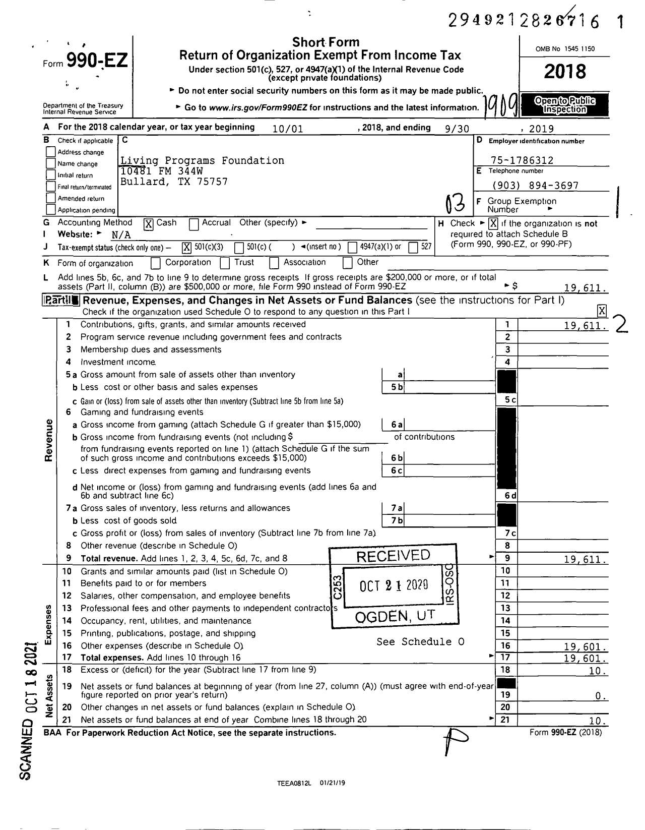 Image of first page of 2018 Form 990EZ for The Living Programs