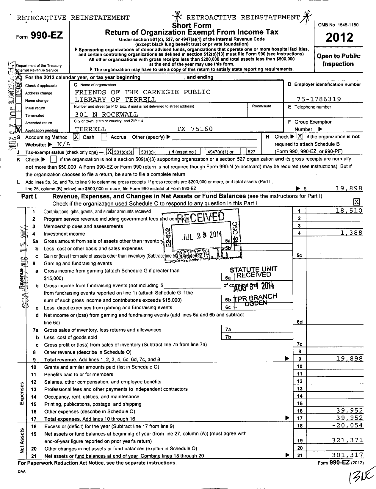 Image of first page of 2012 Form 990EZ for Friends of the Riter C Hulsey Public Library