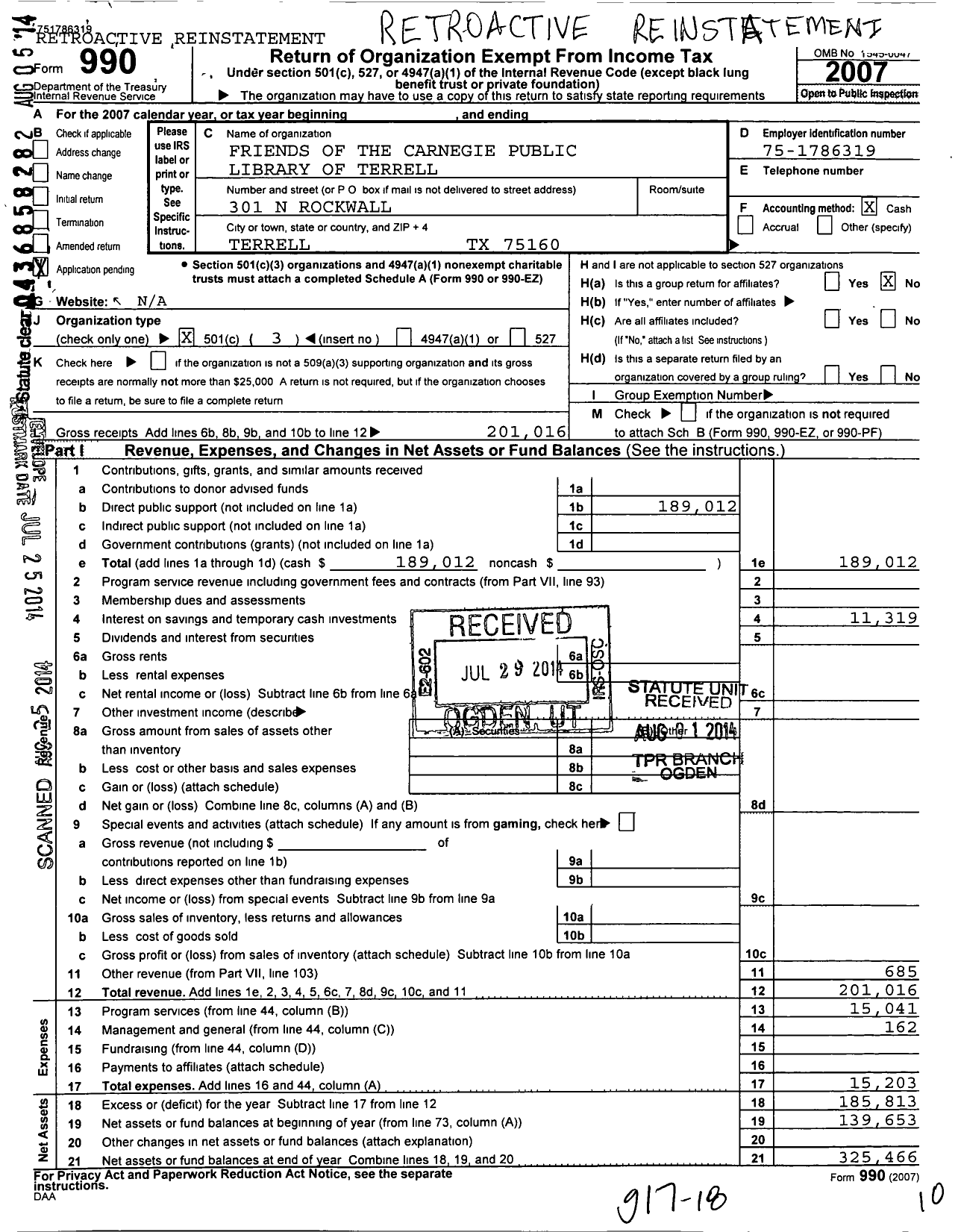 Image of first page of 2007 Form 990 for Friends of the Riter C Hulsey Public Library