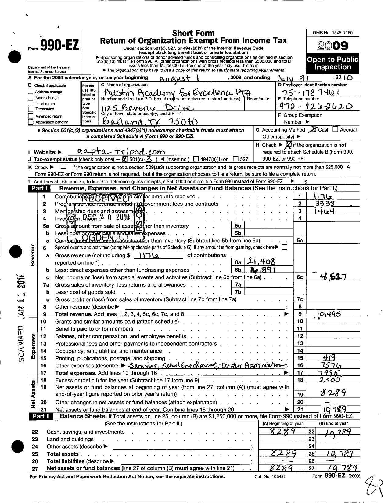 Image of first page of 2009 Form 990EZ for Texas PTA - 4112 Austin Academy PTA