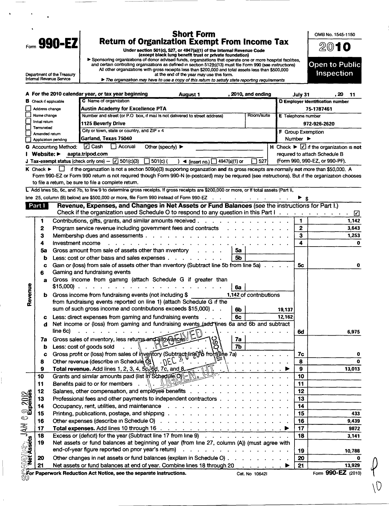 Image of first page of 2010 Form 990EZ for Texas PTA - 4112 Austin Academy PTA