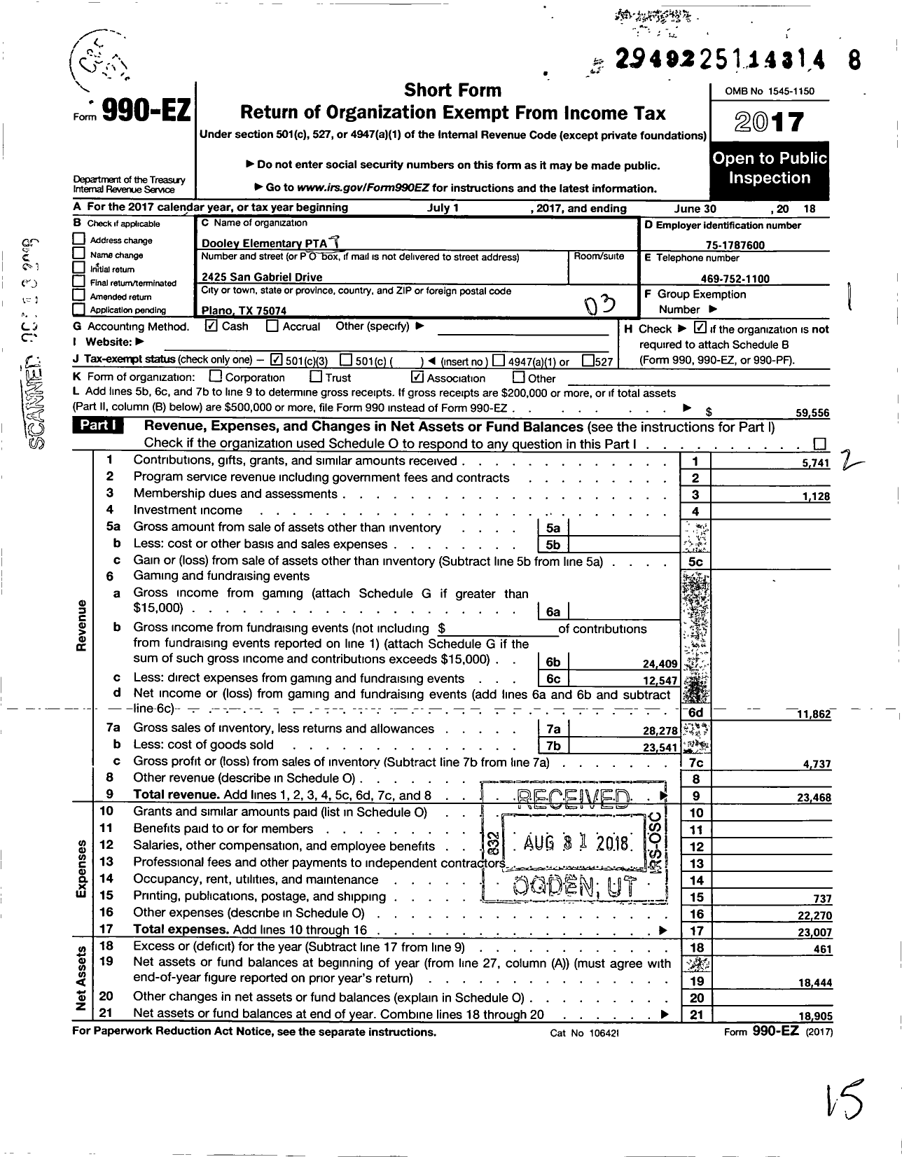 Image of first page of 2017 Form 990EZ for TEXAS PTA - 7433 Dooley Elementary