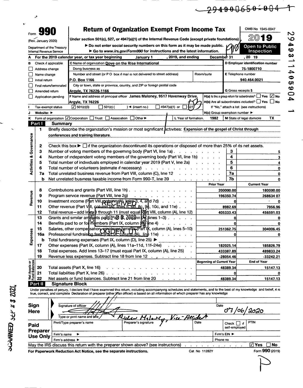 Image of first page of 2019 Form 990 for Dove on the Rise International