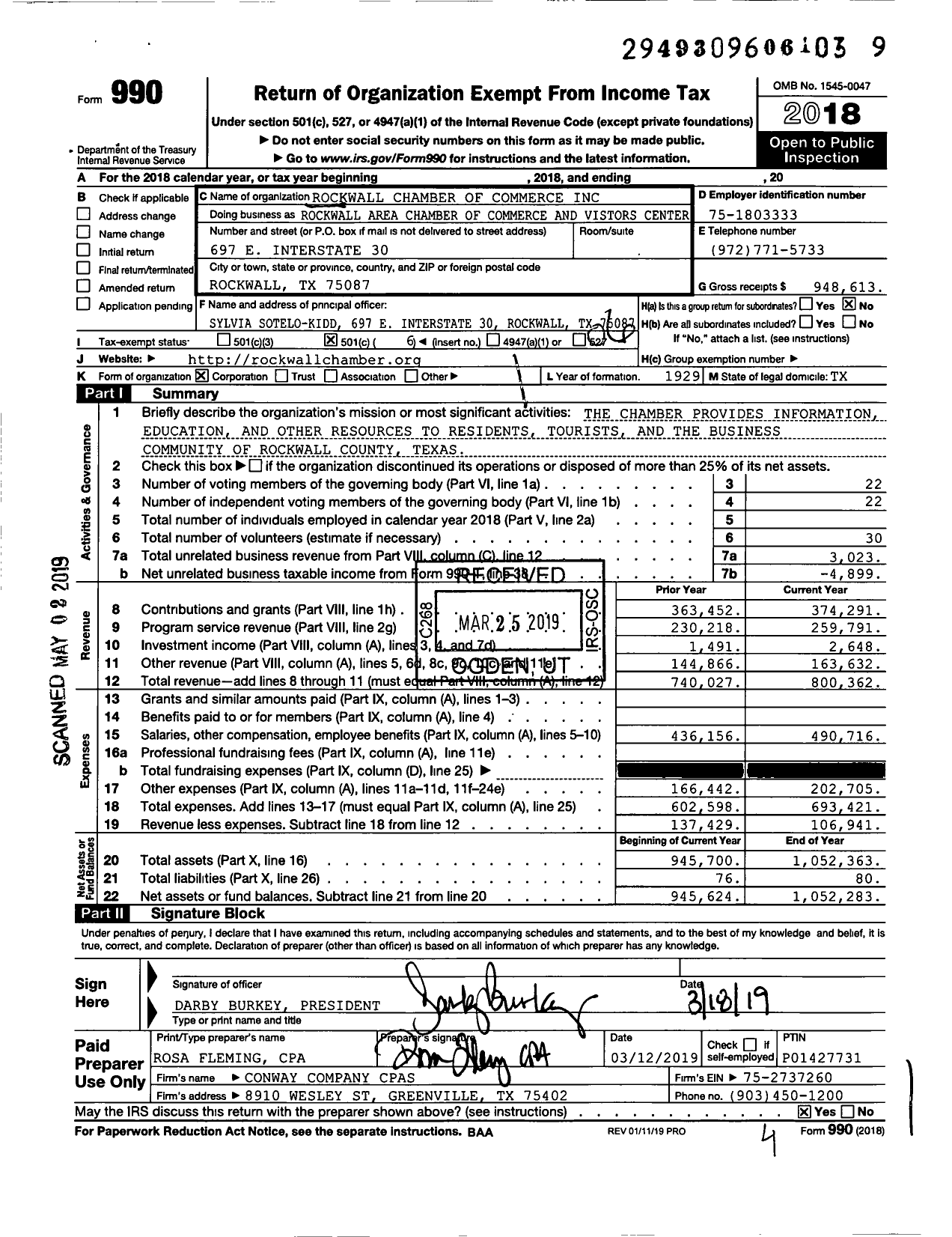 Image of first page of 2018 Form 990O for Rockwall Area Chamber of Commerce and Vistors Center