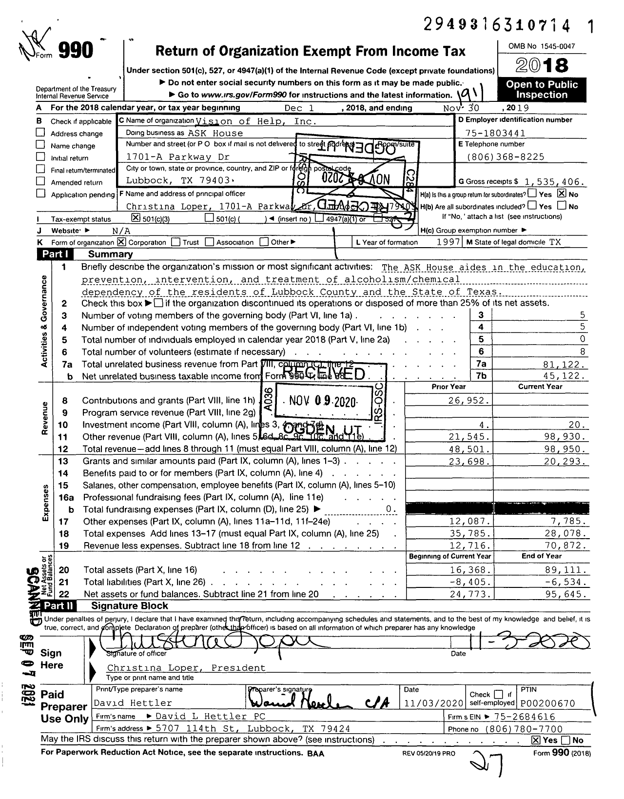 Image of first page of 2018 Form 990 for Ask House