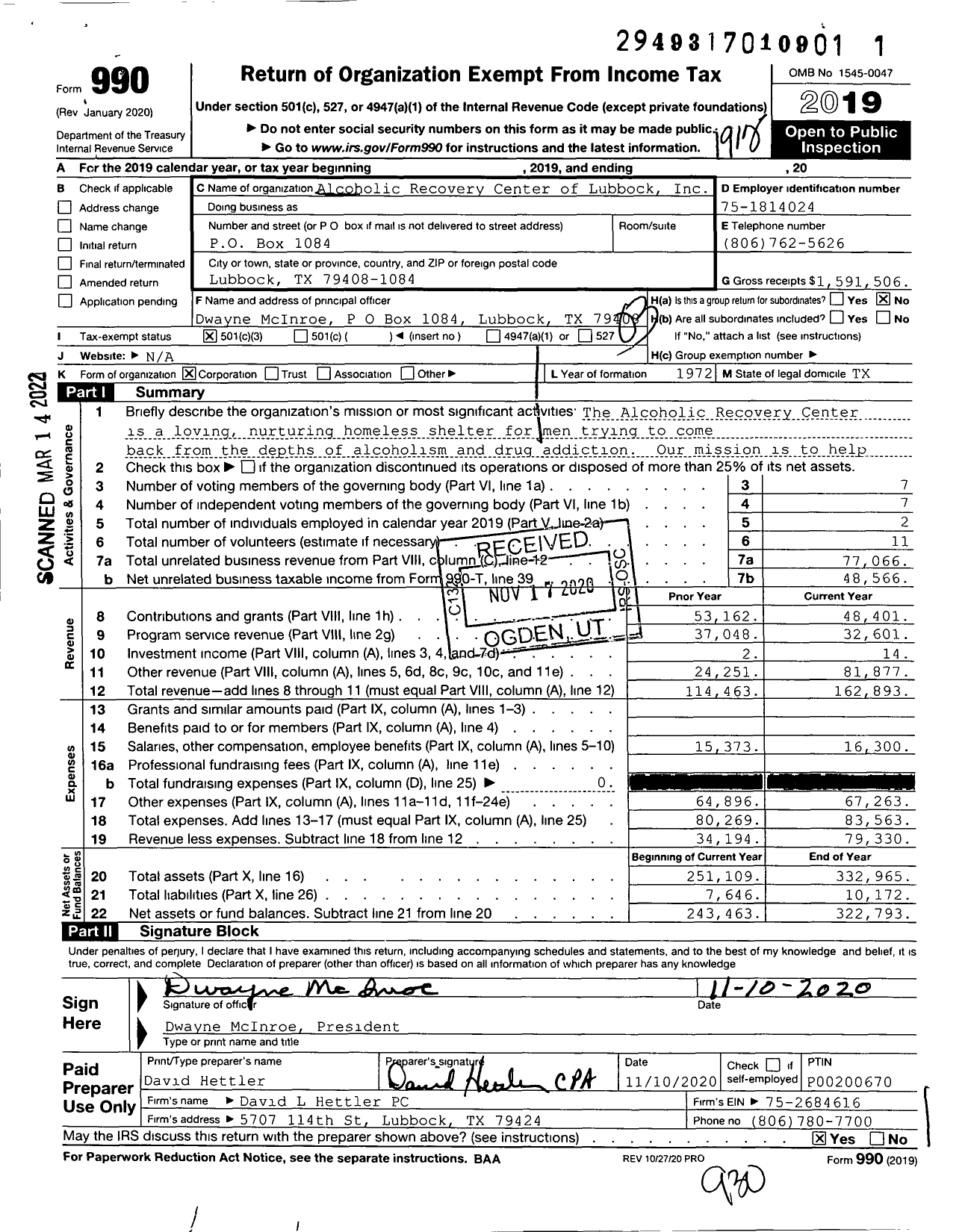 Image of first page of 2019 Form 990 for Alcoholic Recovery Center of Lubbock