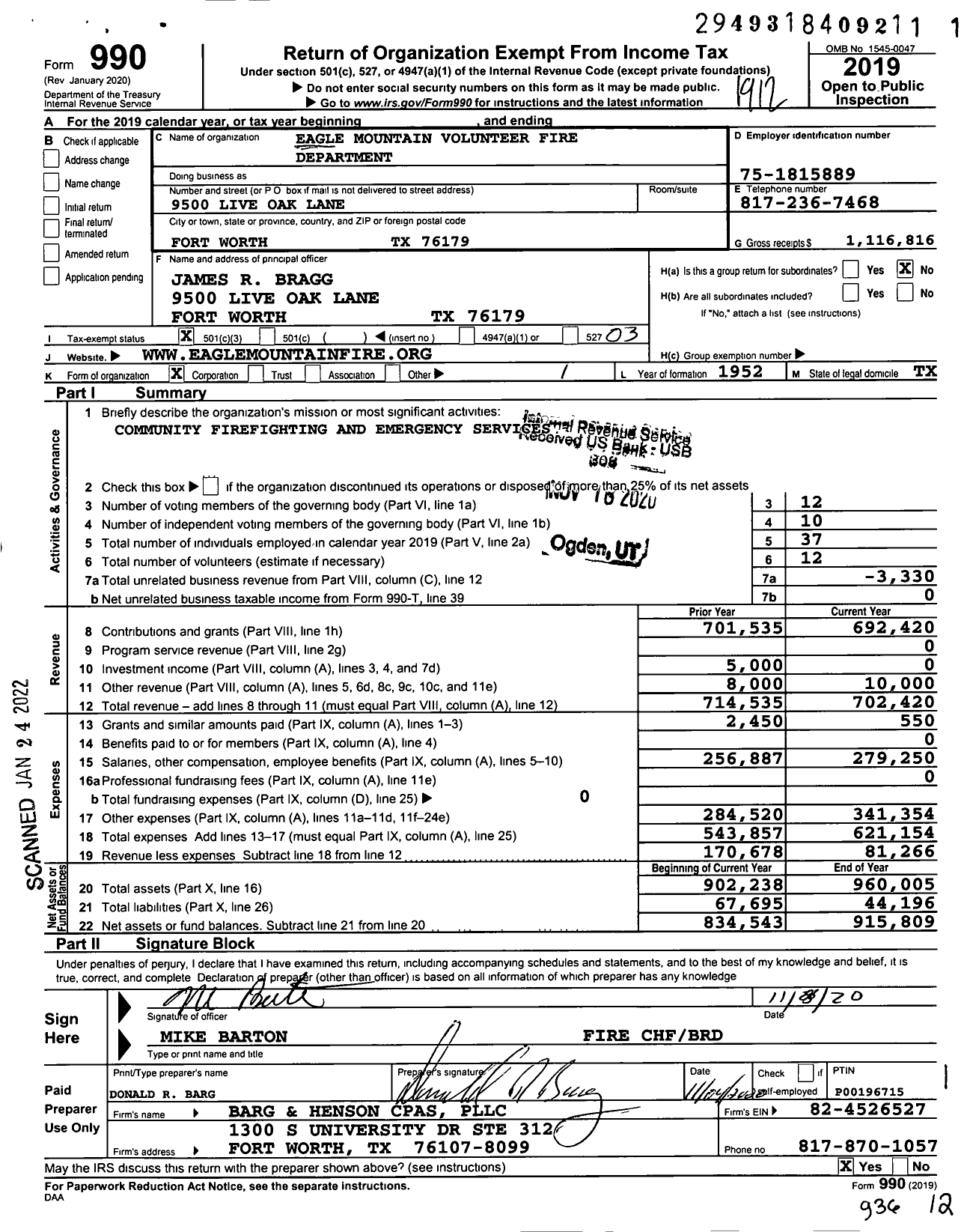 Image of first page of 2019 Form 990 for Eagle Mountain Volunteer Fire Department