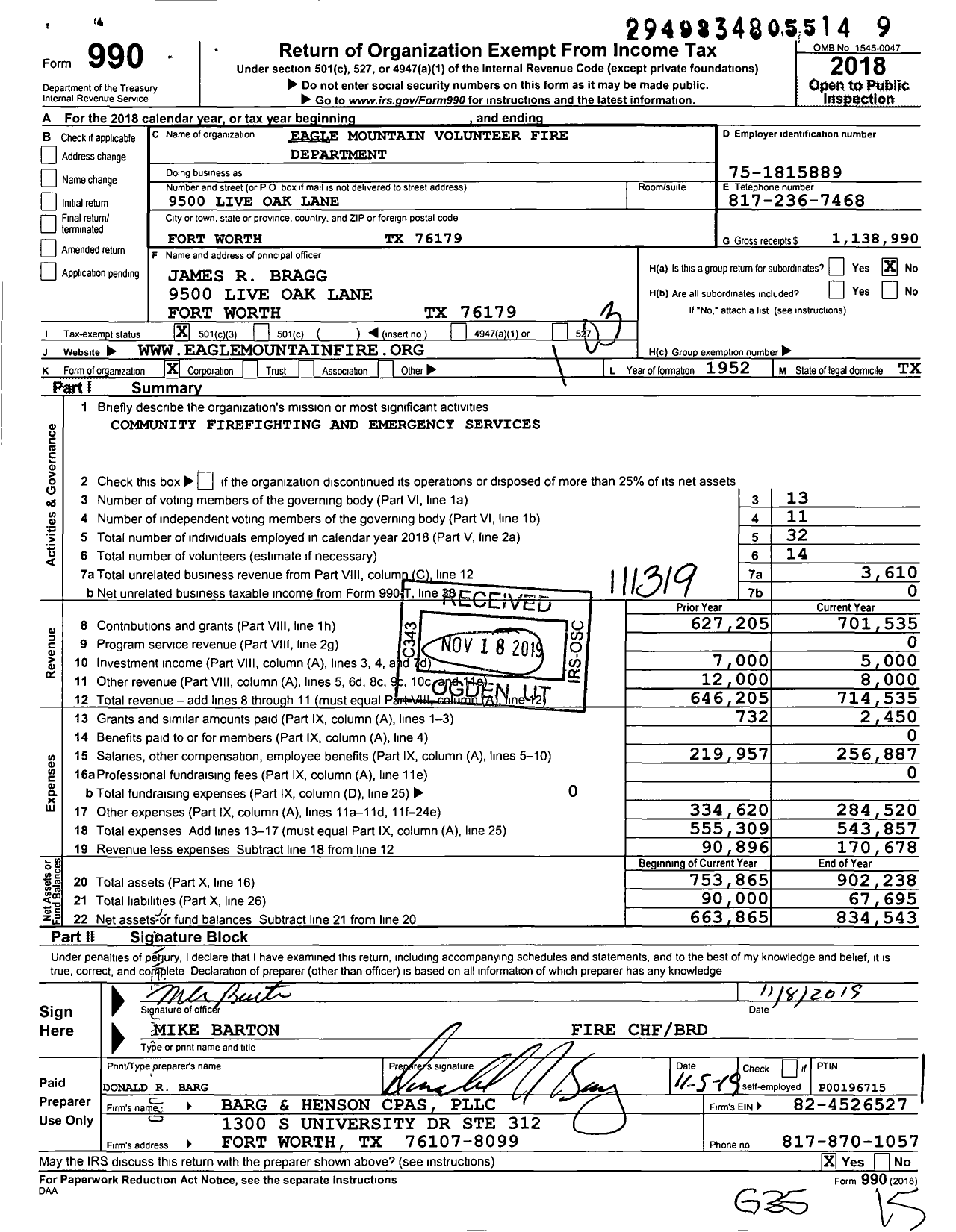 Image of first page of 2018 Form 990 for Eagle Mountain Volunteer Fire Department