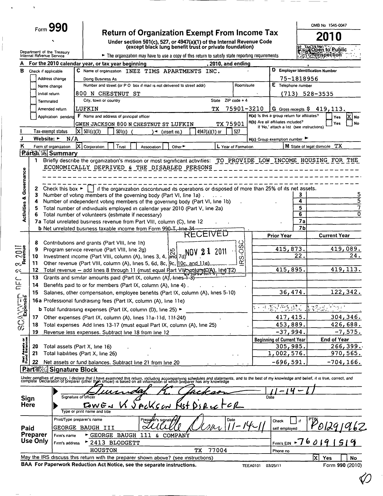 Image of first page of 2010 Form 990 for Inez Tims Apartments