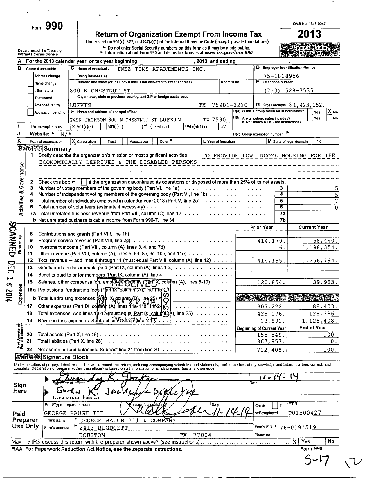 Image of first page of 2013 Form 990 for Inez Tims Apartments