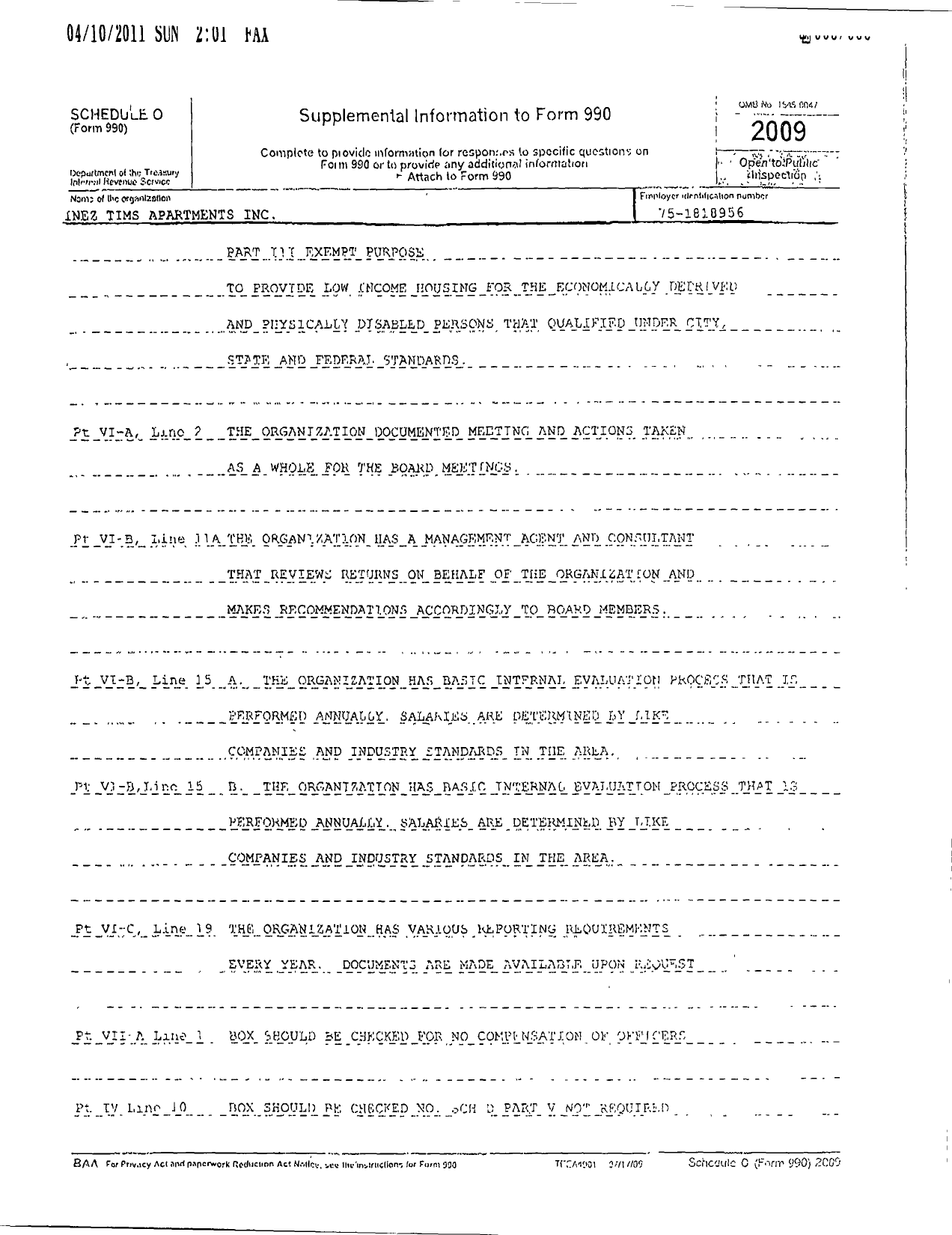 Image of first page of 2009 Form 990R for Inez Tims Apartments