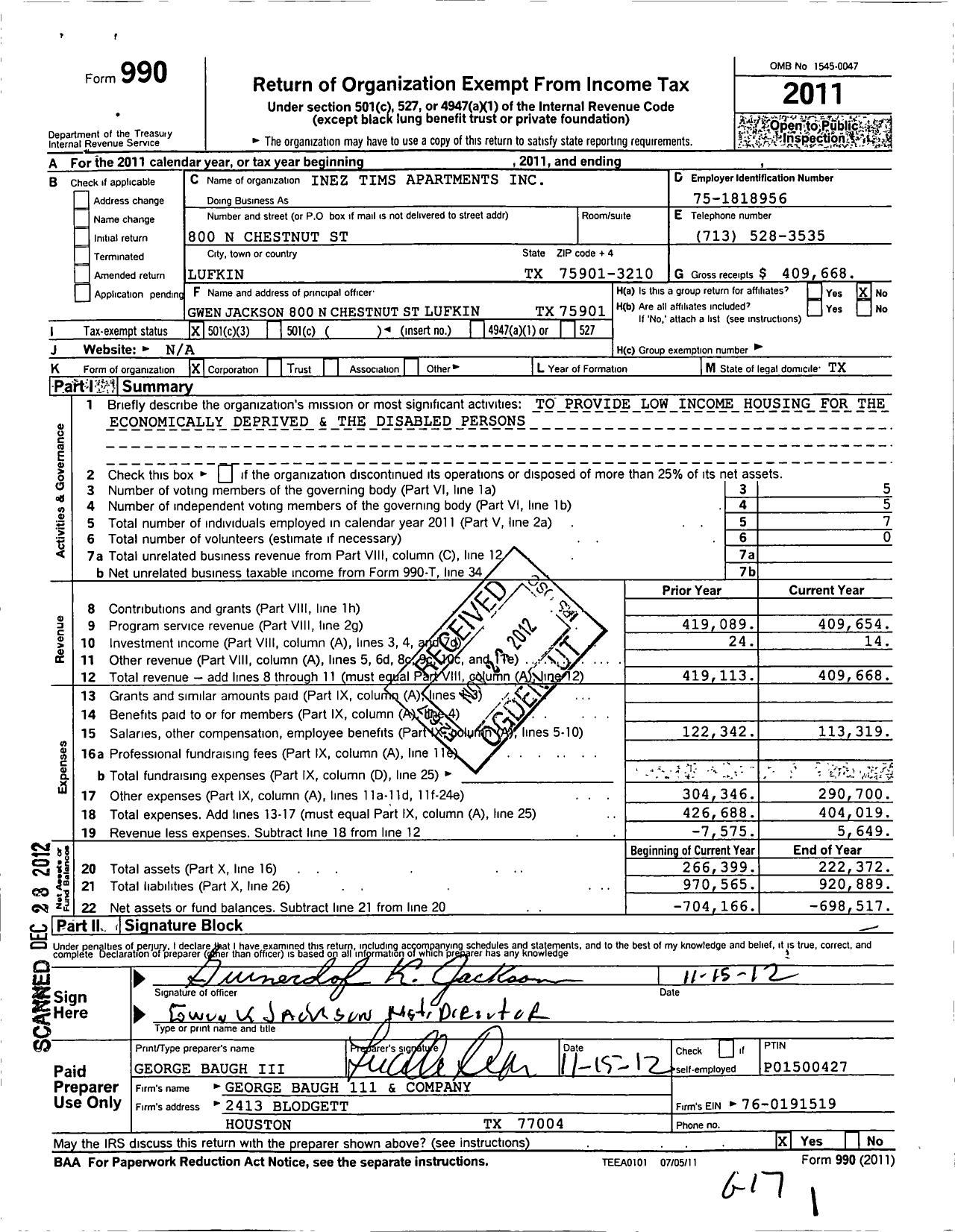 Image of first page of 2011 Form 990 for Inez Tims Apartments