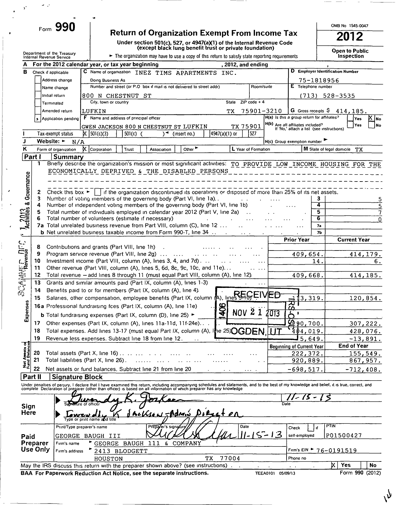 Image of first page of 2012 Form 990 for Inez Tims Apartments