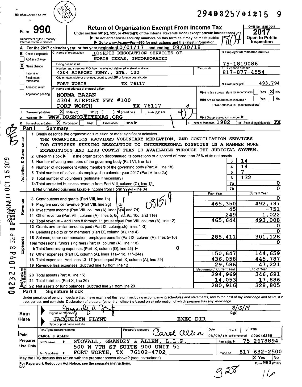 Image of first page of 2017 Form 990 for Dispute Resolution Services of North Texas