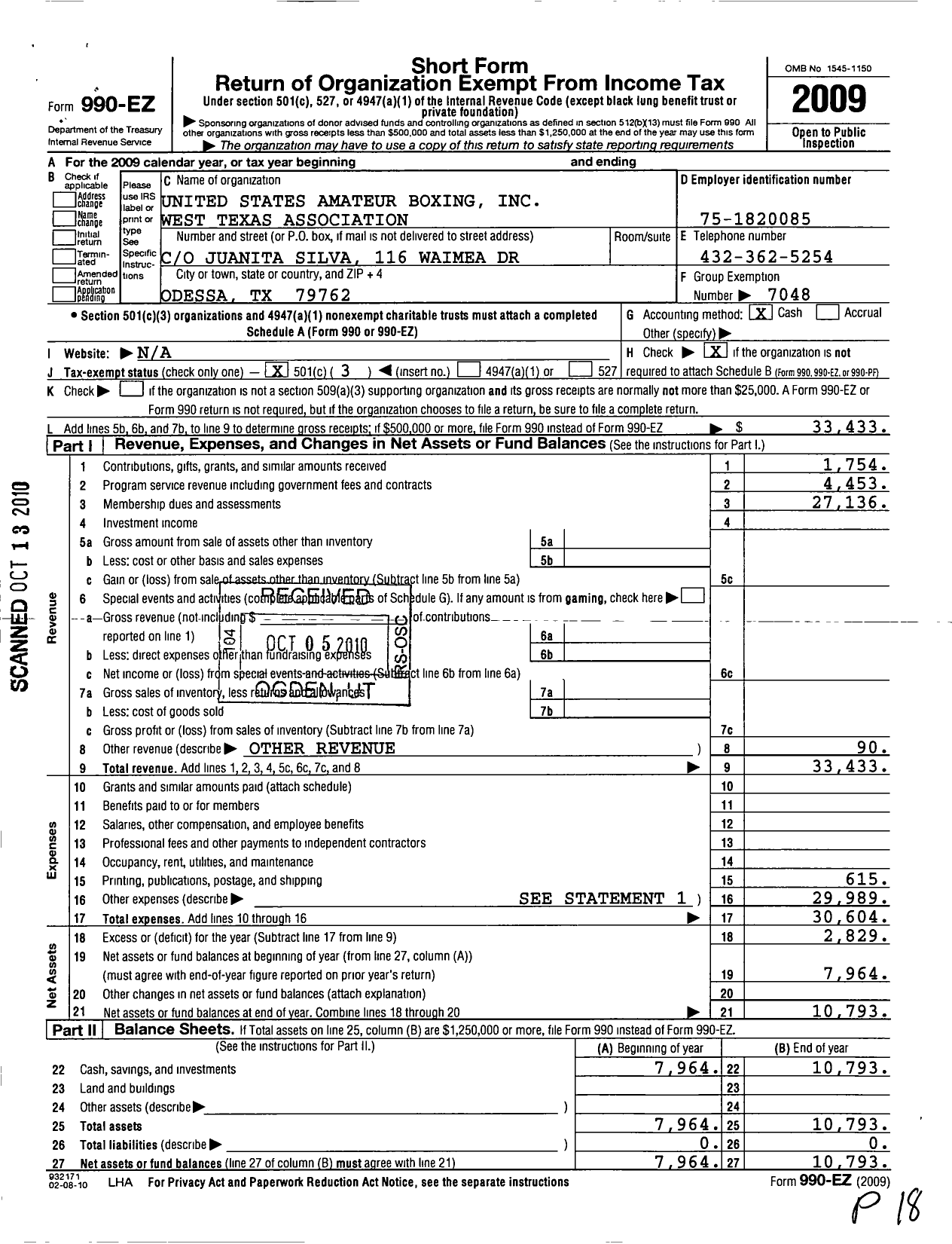 Image of first page of 2009 Form 990EZ for United States Amateur Boxing / West Texas Assoc