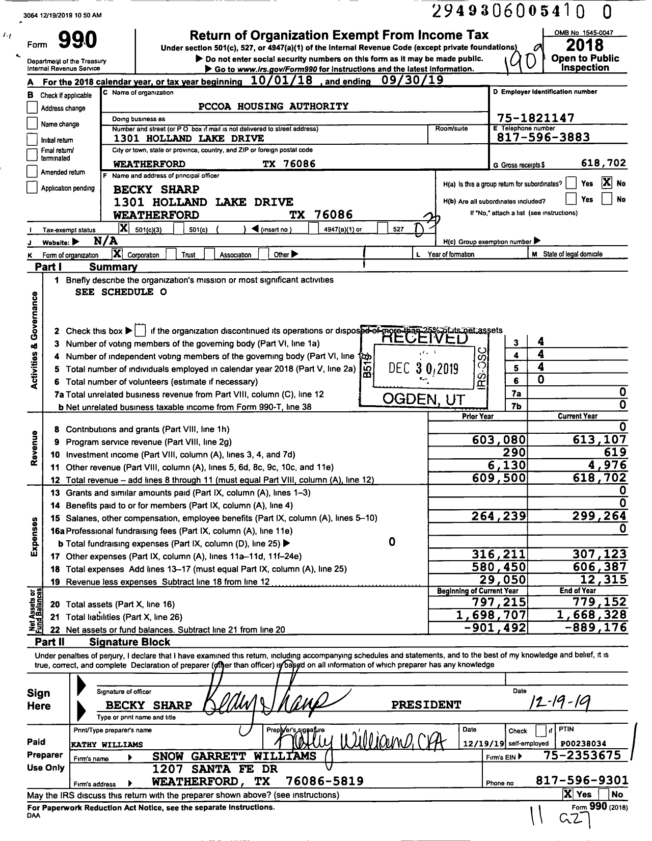 Image of first page of 2018 Form 990 for Pccoa Housing Authority