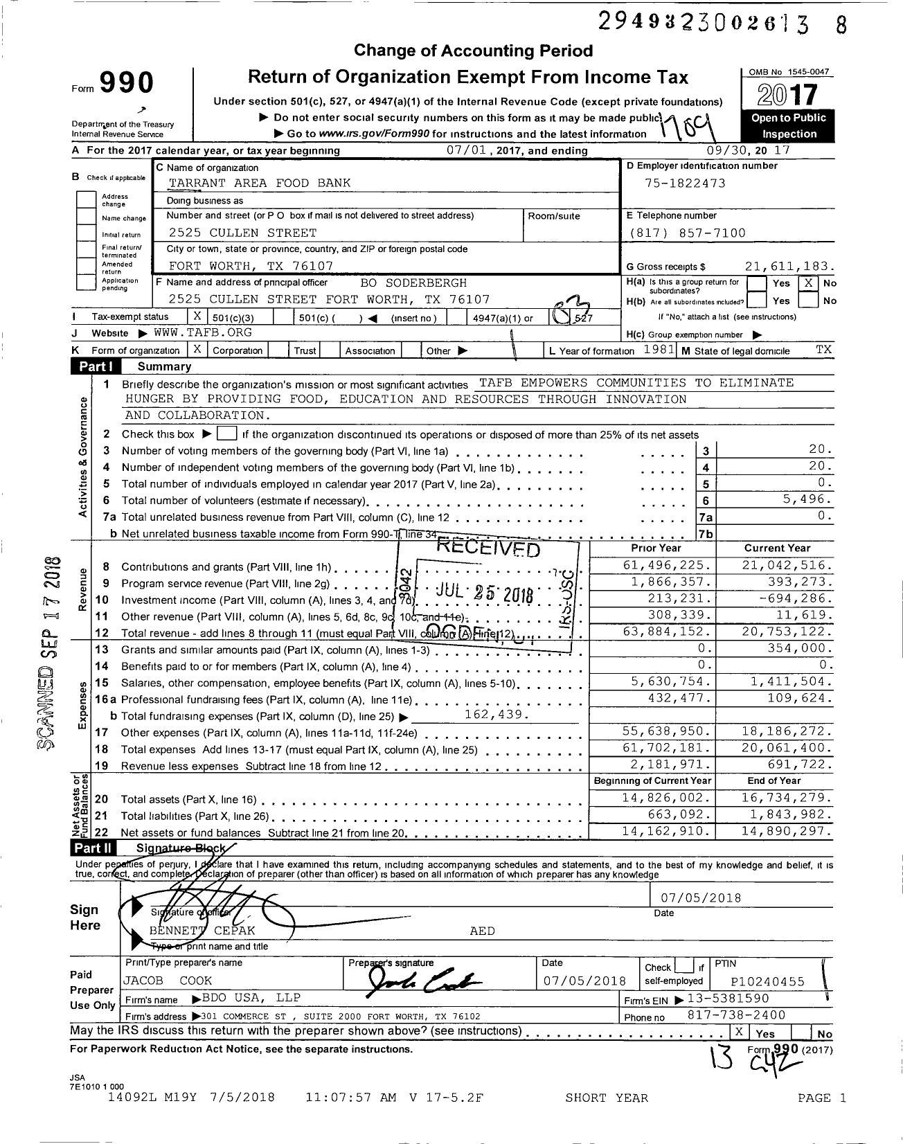 Image of first page of 2016 Form 990 for Tarrant Area Food Bank (TAFB)