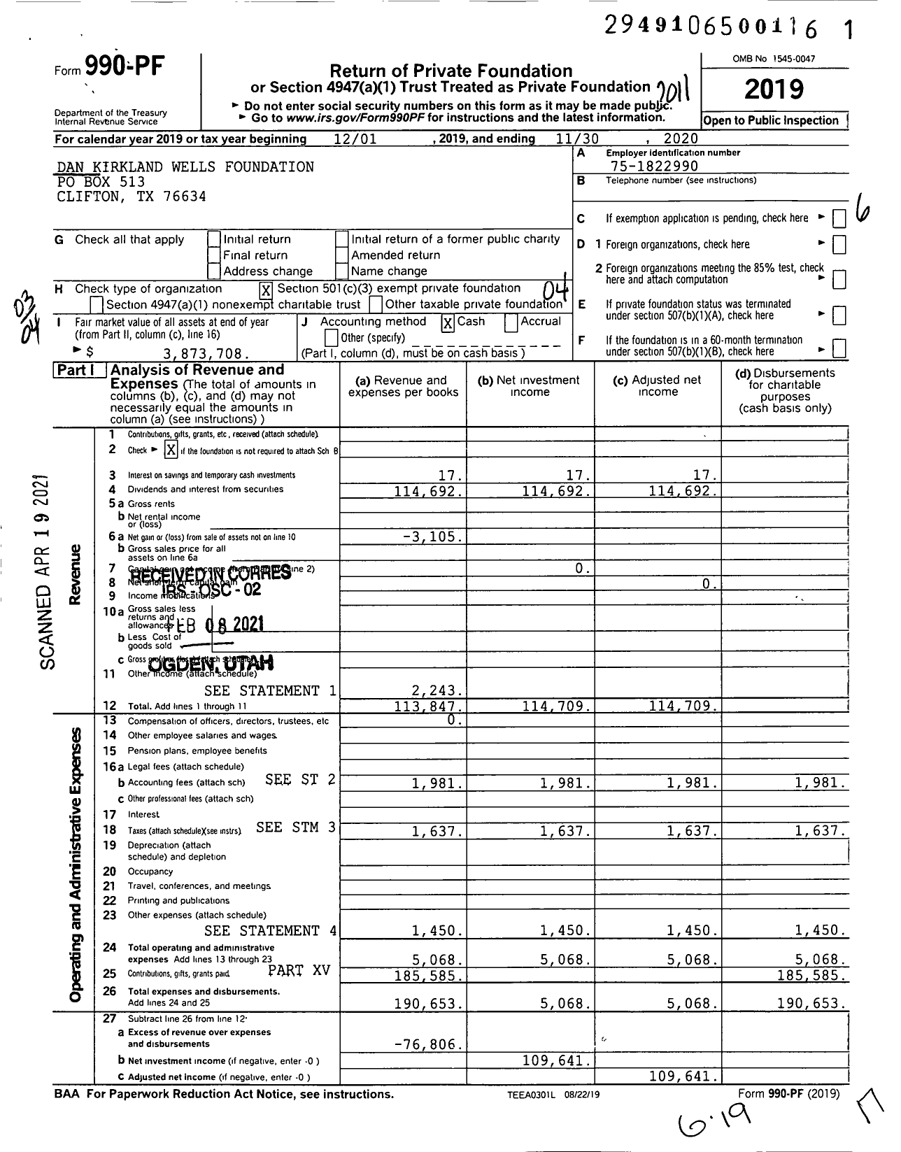 Image of first page of 2019 Form 990PF for Dan Kirkland Wells Foundation