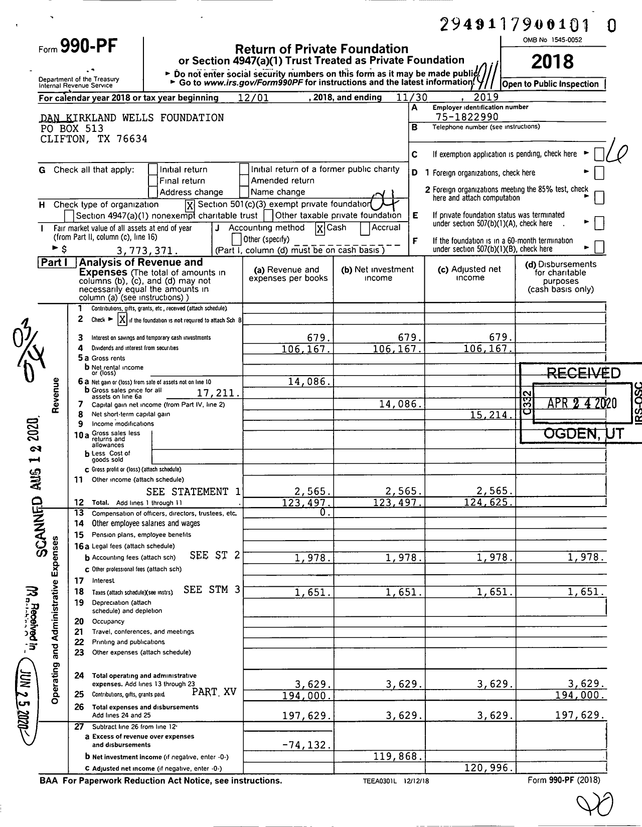 Image of first page of 2018 Form 990PR for Dan Kirkland Wells Foundation