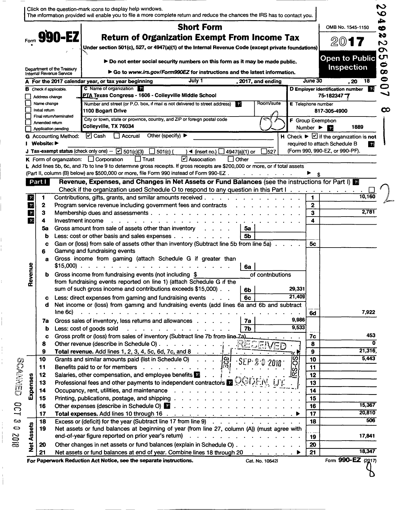 Image of first page of 2017 Form 990EZ for Texas PTA - 1606 Colleyville Middle PTA