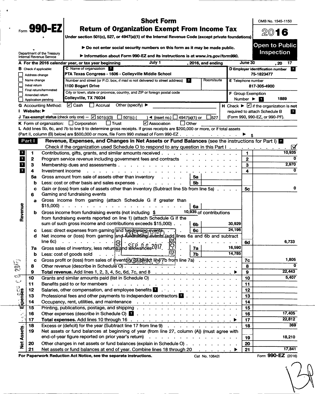 Image of first page of 2016 Form 990EZ for Texas PTA - 1606 Colleyville Middle PTA