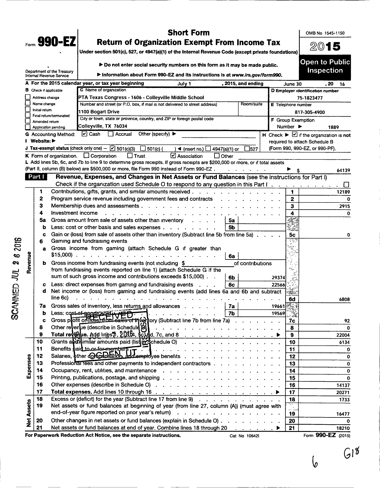 Image of first page of 2015 Form 990EZ for Texas PTA - 1606 Colleyville Middle PTA