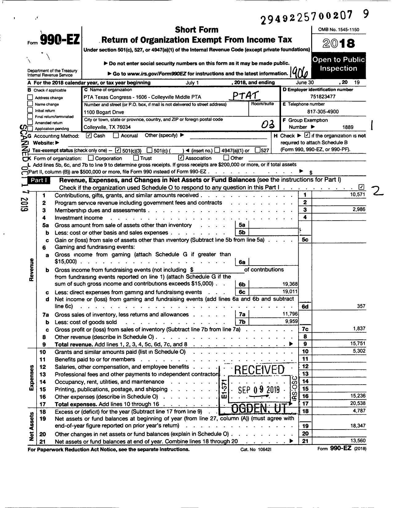 Image of first page of 2018 Form 990EZ for Texas PTA - 1606 Colleyville Middle PTA