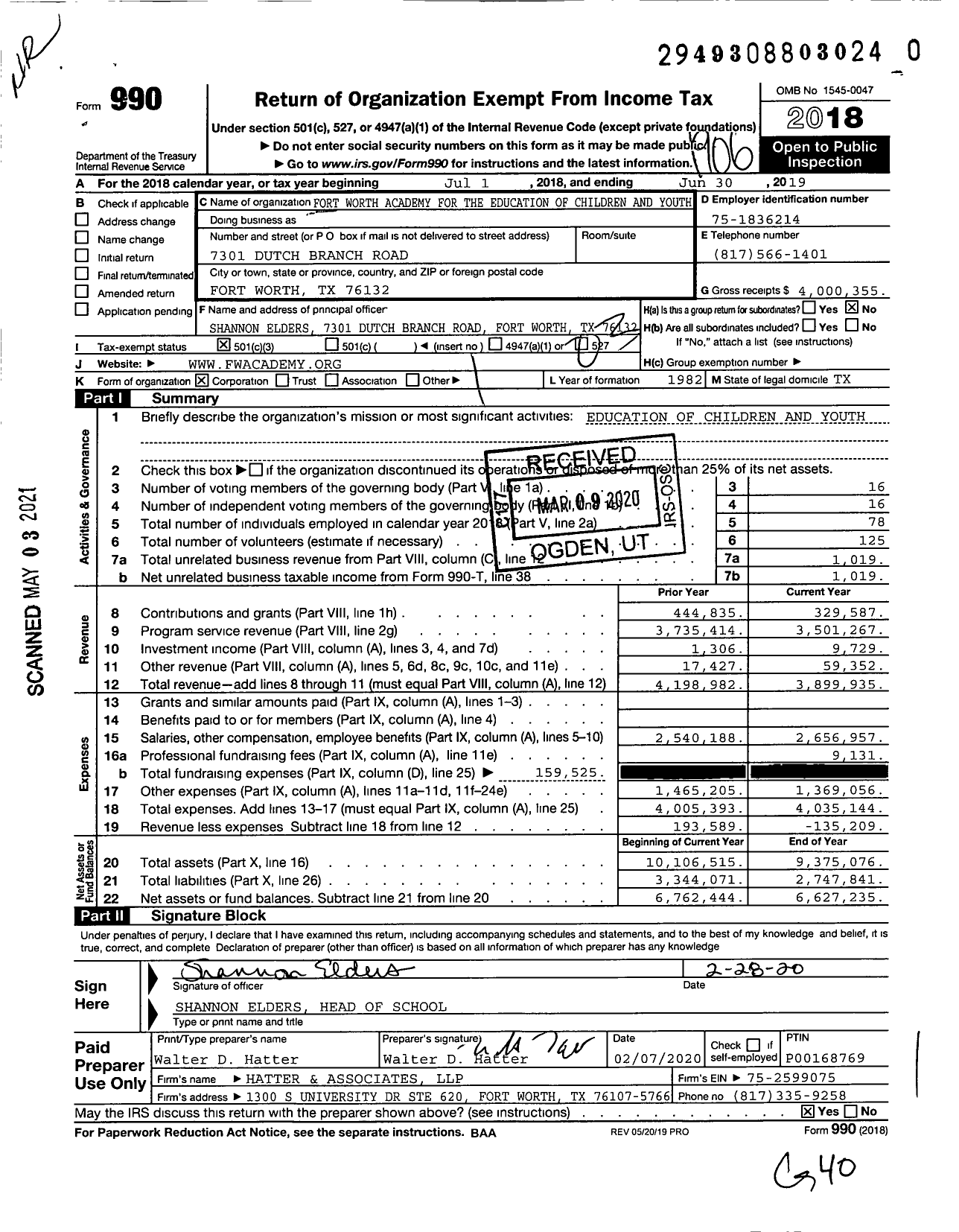 Image of first page of 2018 Form 990 for Fort Worth Academy For The Education of Children and Youth