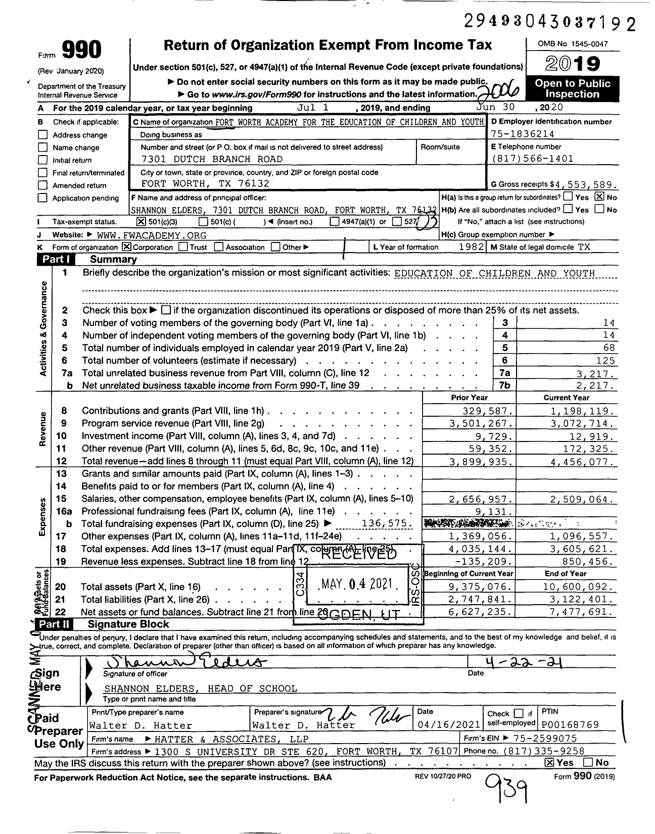 Image of first page of 2019 Form 990 for Fort Worth Academy For The Education of Children and Youth