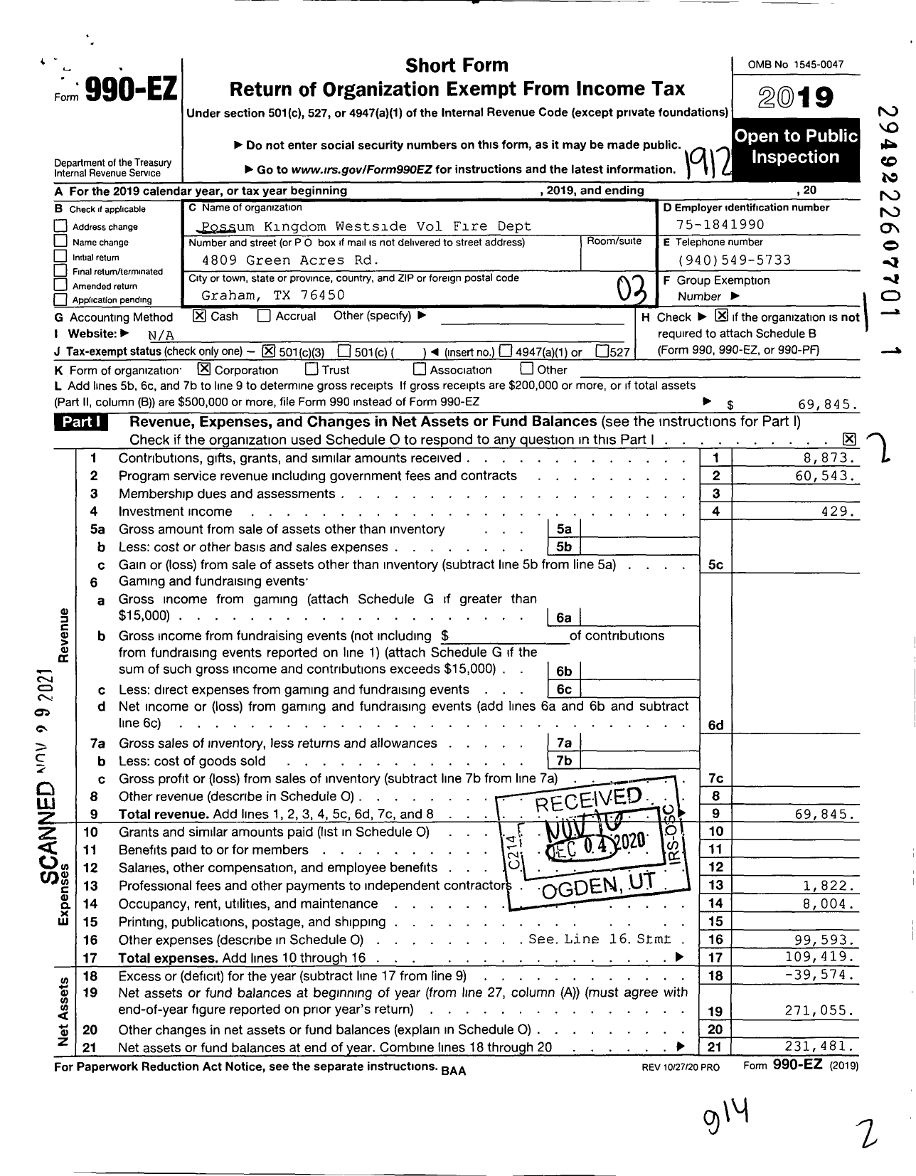 Image of first page of 2019 Form 990EZ for Possum Kingdom Westside Vol Fire Dept