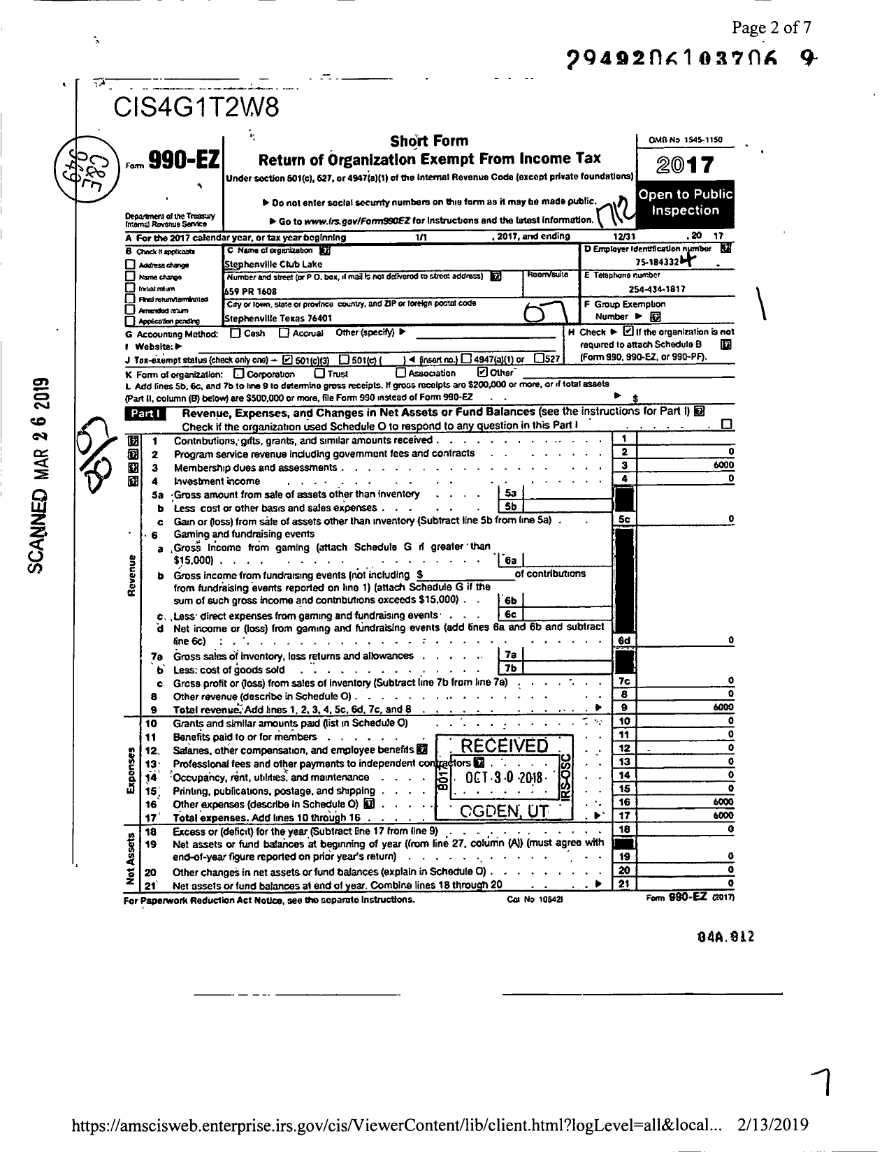 Image of first page of 2017 Form 990EO for Stephenville Country Club