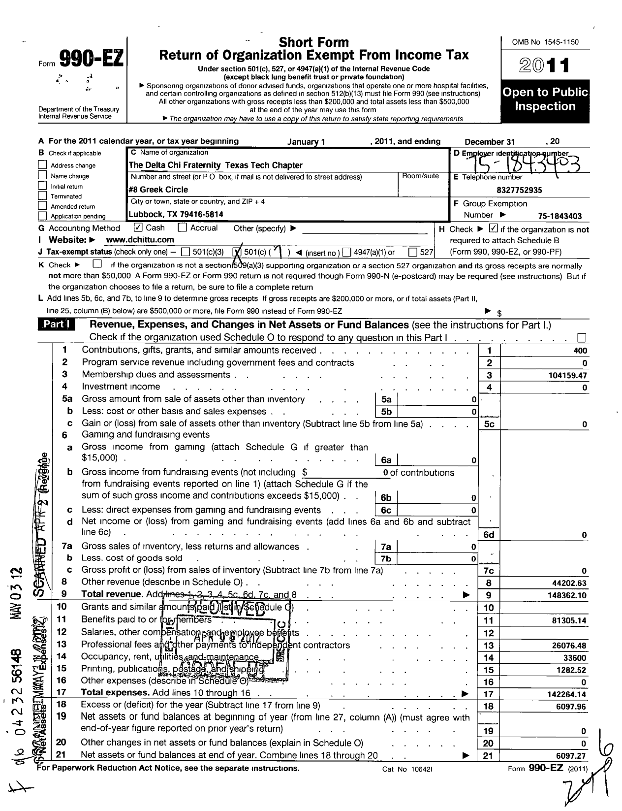 Image of first page of 2011 Form 990EO for Delta Chi Fraternity Texas Tech Chapter