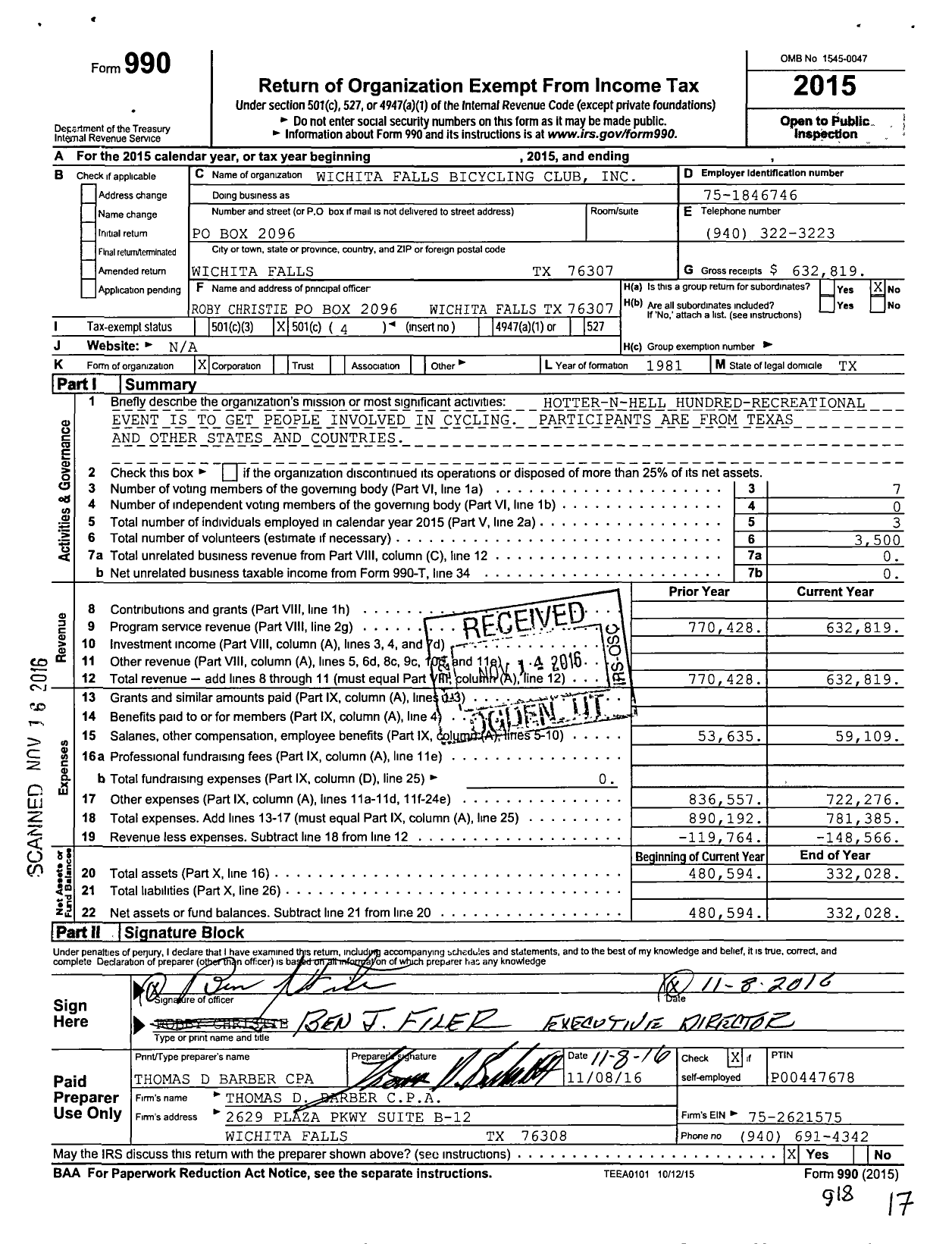 Image of first page of 2015 Form 990O for Wichita Falls Bicycling Club