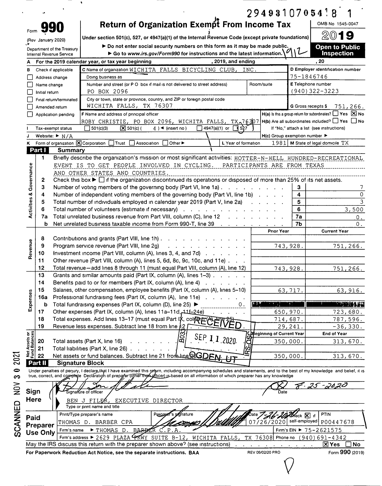 Image of first page of 2019 Form 990O for Wichita Falls Bicycling Club