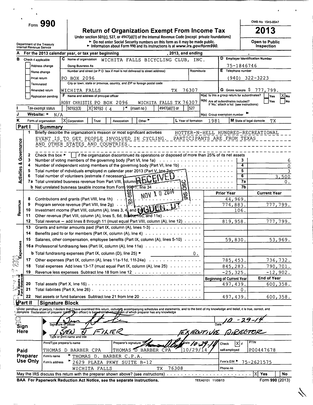 Image of first page of 2013 Form 990O for Wichita Falls Bicycling Club