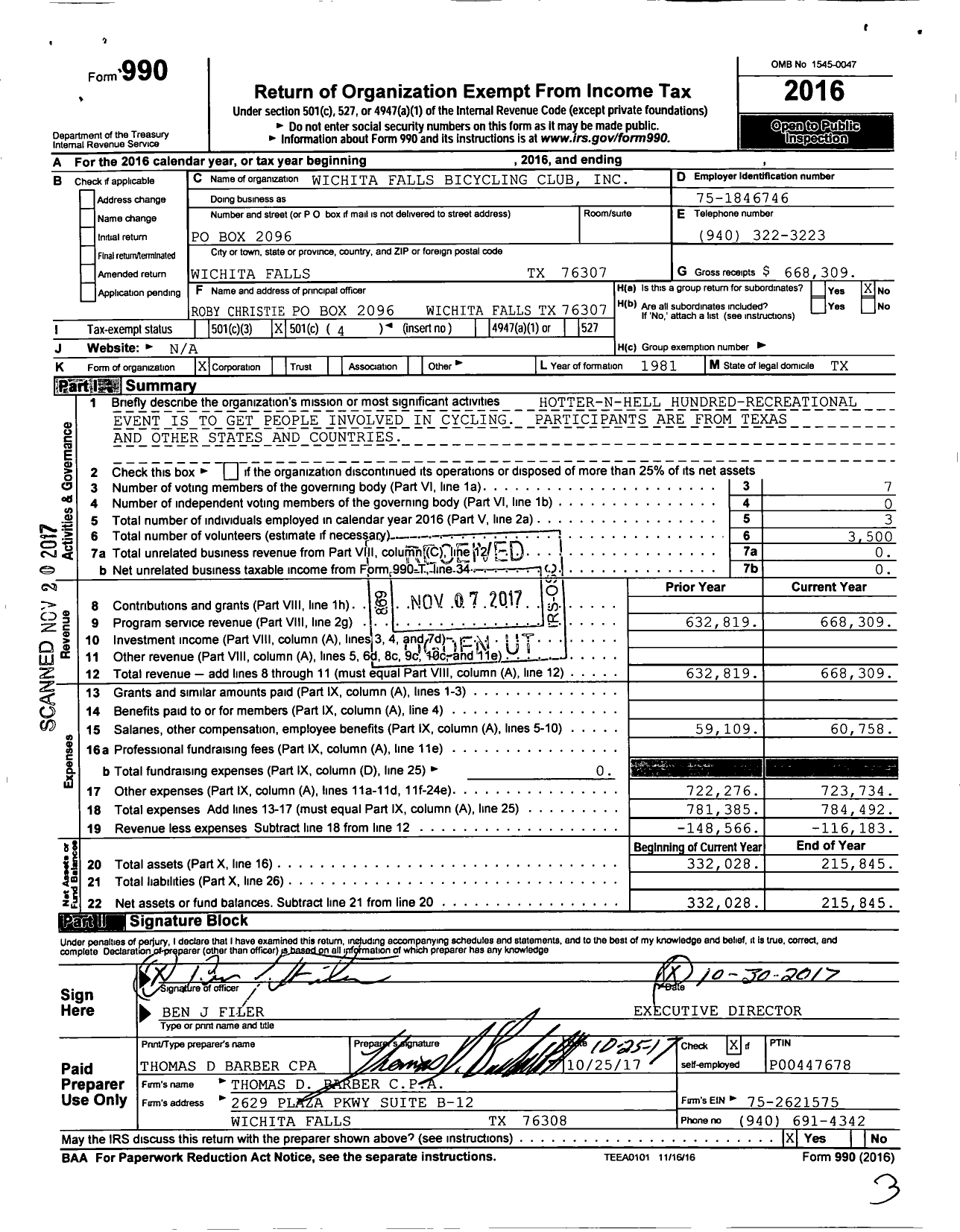 Image of first page of 2016 Form 990O for Wichita Falls Bicycling Club