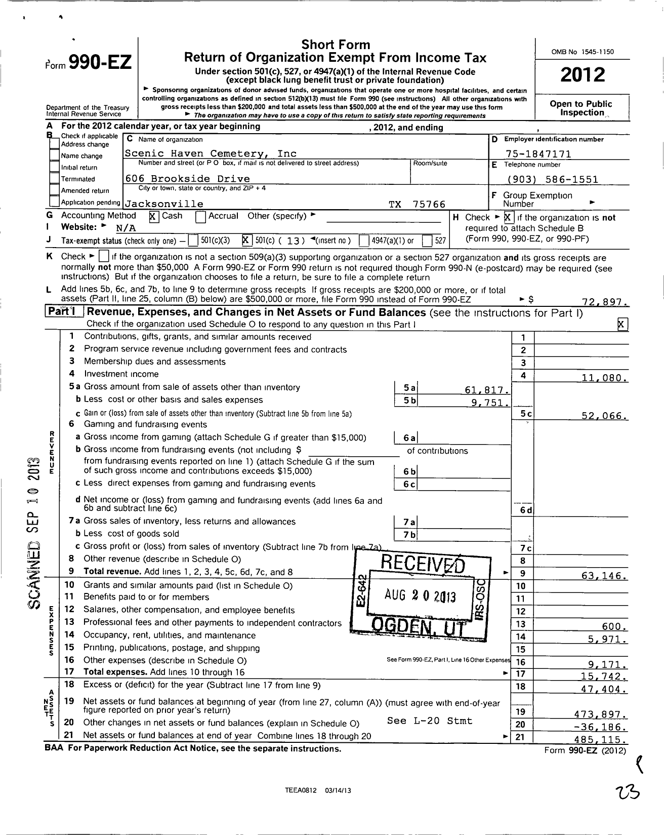 Image of first page of 2012 Form 990EO for Scenic Haven Cemetery