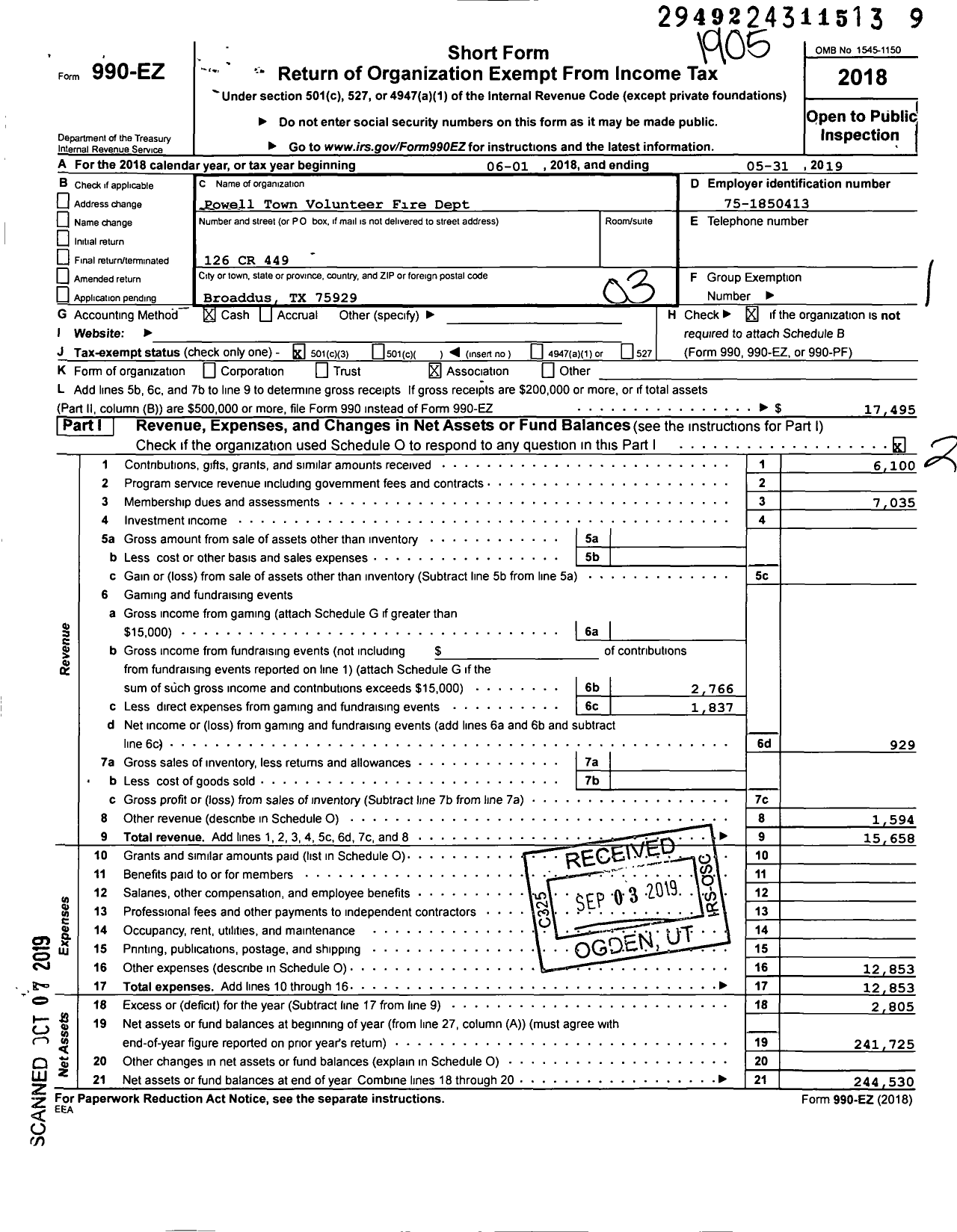 Image of first page of 2018 Form 990EZ for Powell Town Volunteer Fire Department