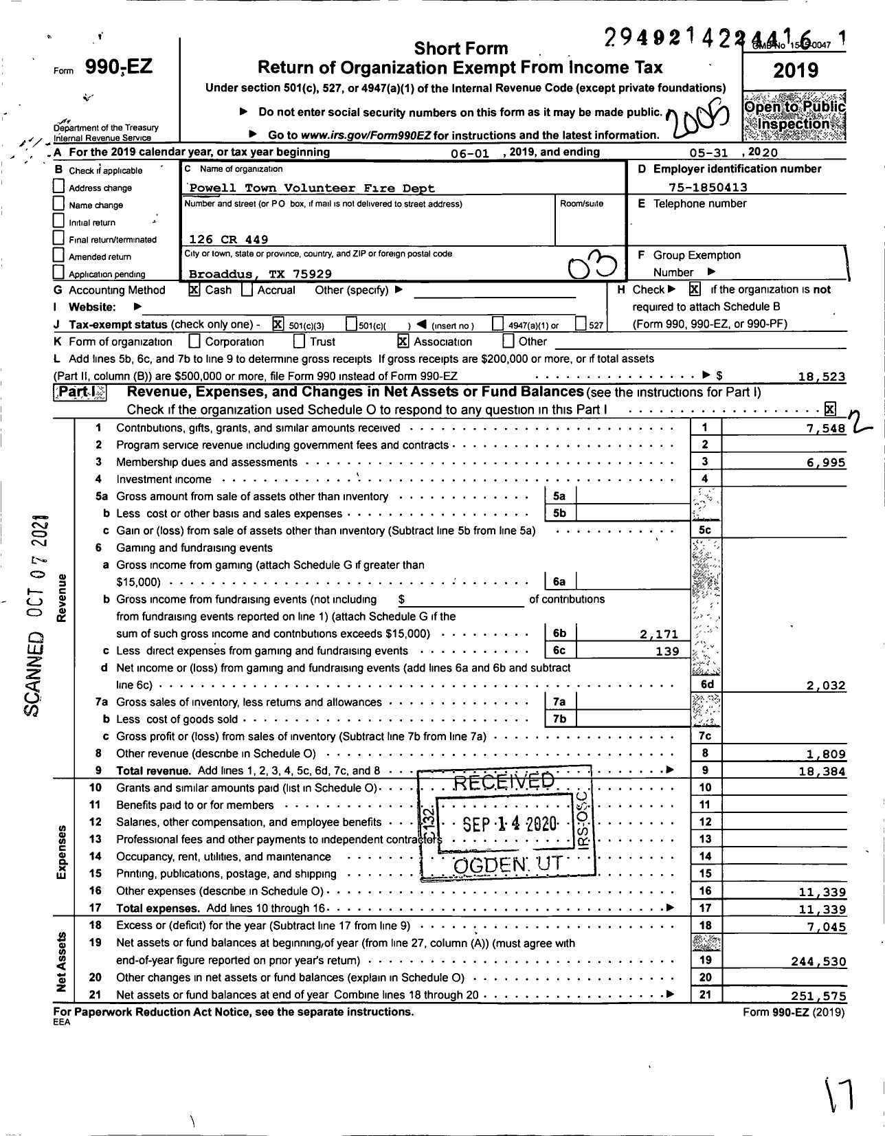 Image of first page of 2019 Form 990EZ for Powell Town Volunteer Fire Department