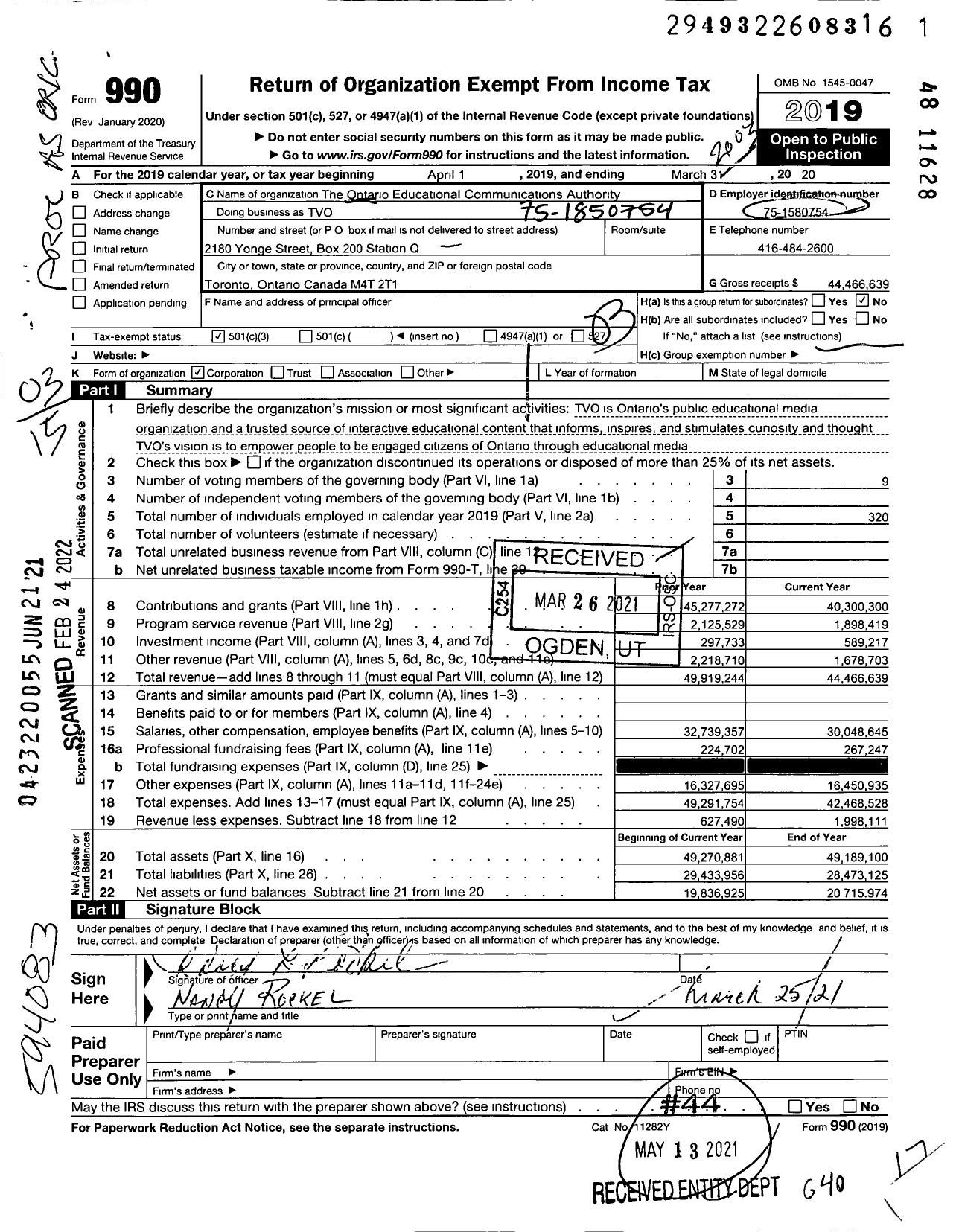 Image of first page of 2019 Form 990 for Tvo