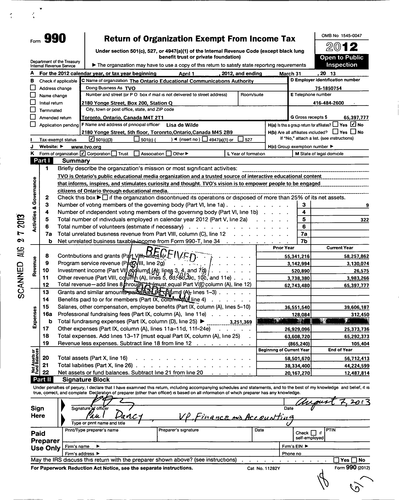 Image of first page of 2012 Form 990 for Tvo