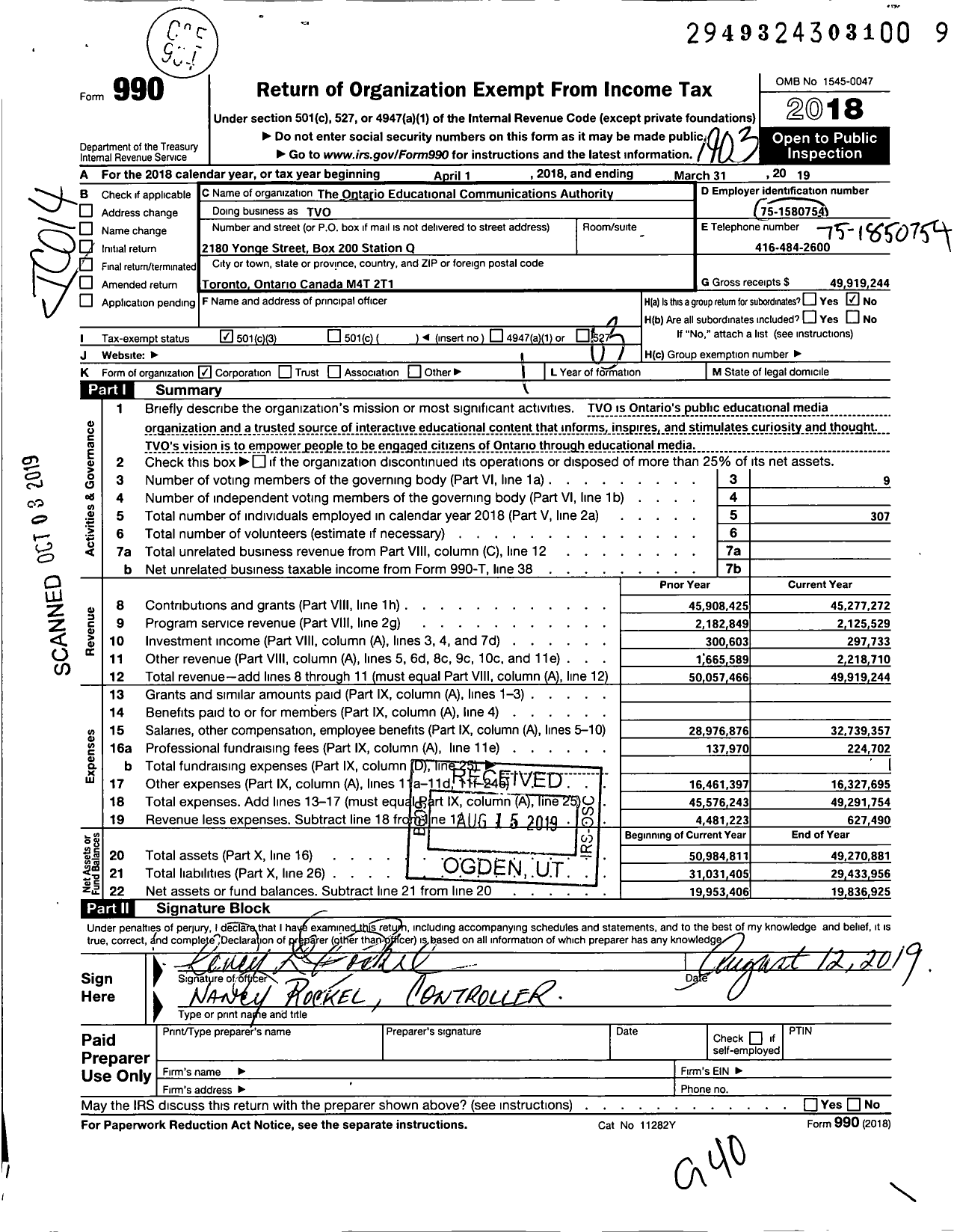 Image of first page of 2018 Form 990 for Tvo