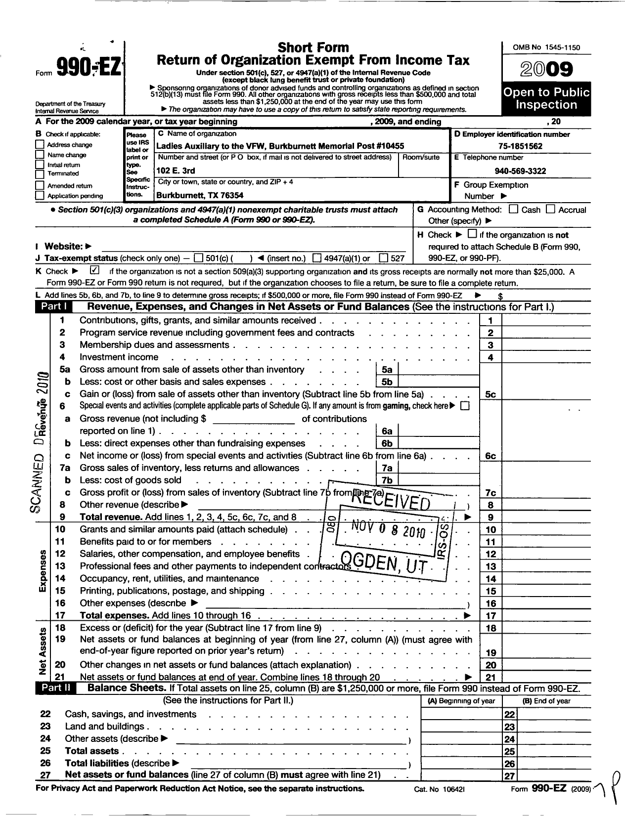 Image of first page of 2009 Form 990EO for Veterans of Foreign Wars of the Us Dept of Texas Auxiliary - 10455 Burkburnett Memorial VFW Auxi
