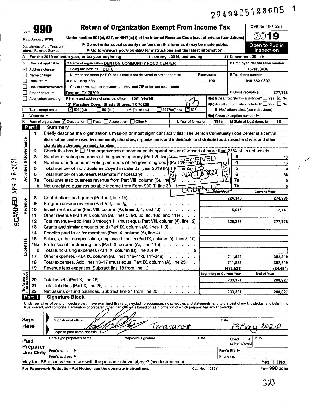 Image of first page of 2019 Form 990 for Denton Community Food Center