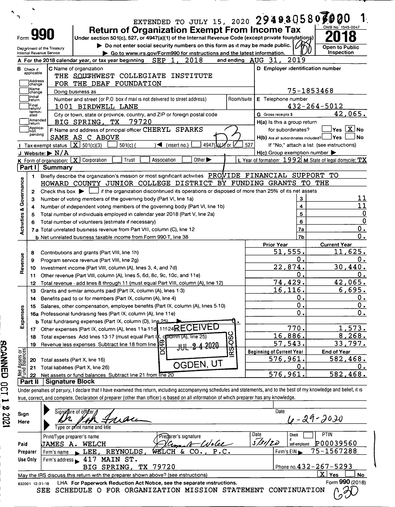 Image of first page of 2018 Form 990 for The Southwest Collegiate Institute for the Deaf Foundation